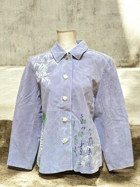 Look East Asian Fully Lined Periwinkle Oriental Motif Leather Suede Jacket XL